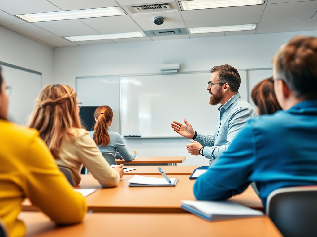 На занятии преподаватель объясняет материал группе студентов, сидящих за столами.