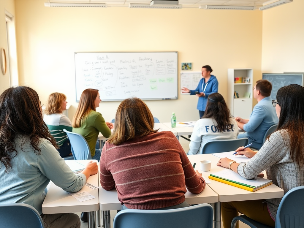 Группа людей на занятии, слушающих преподавателя у доски с записями и графиками.