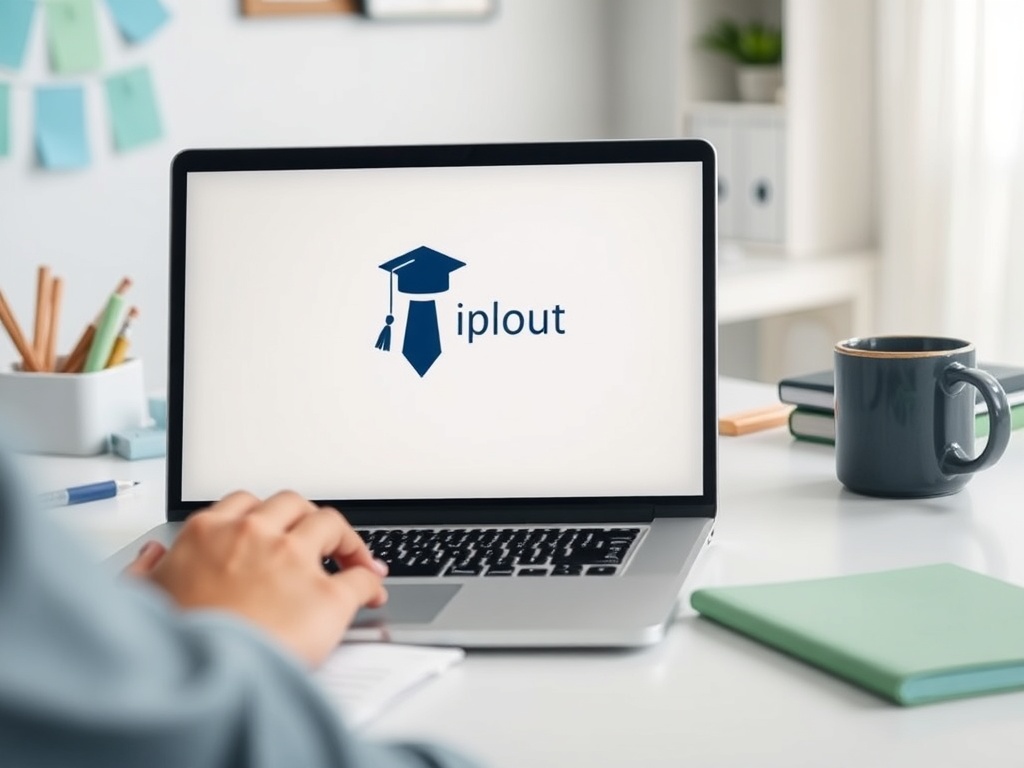 На экране ноутбука логотип "iplout" с изображением шляпы выпускника и галстука.