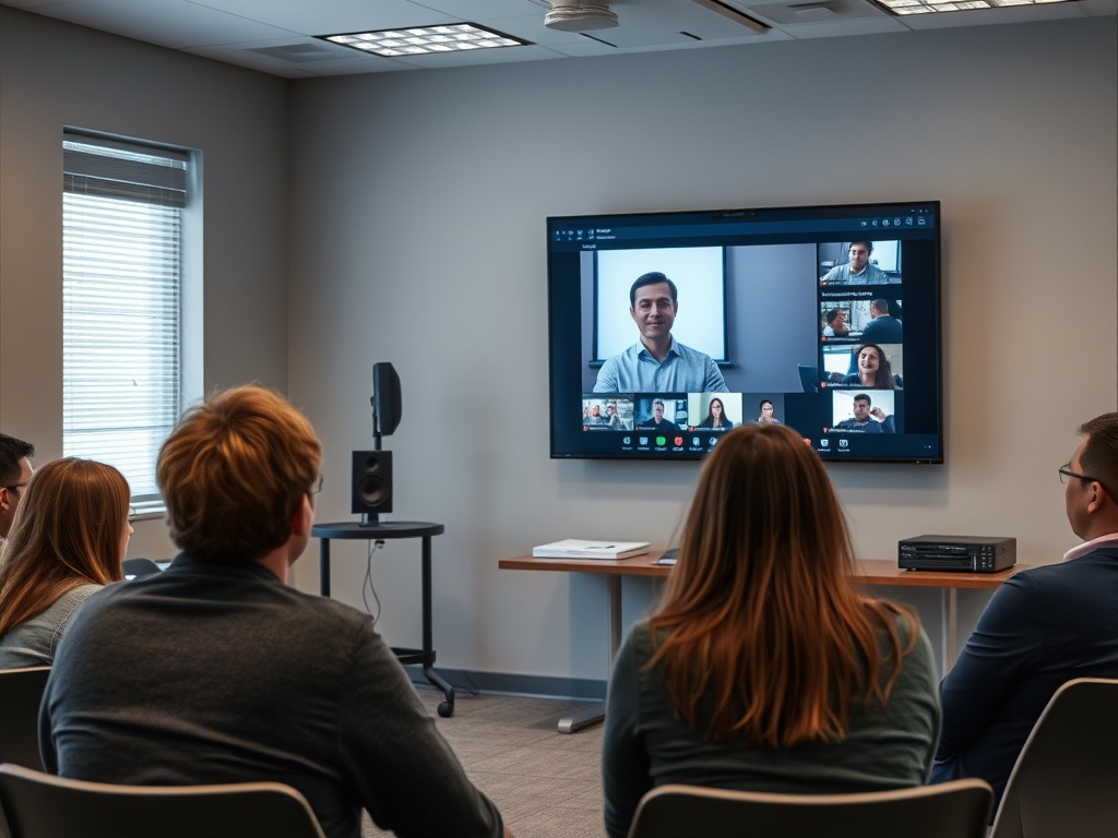 Группа людей на видеоконференции, наблюдающих за экраном с несколькими участниками.