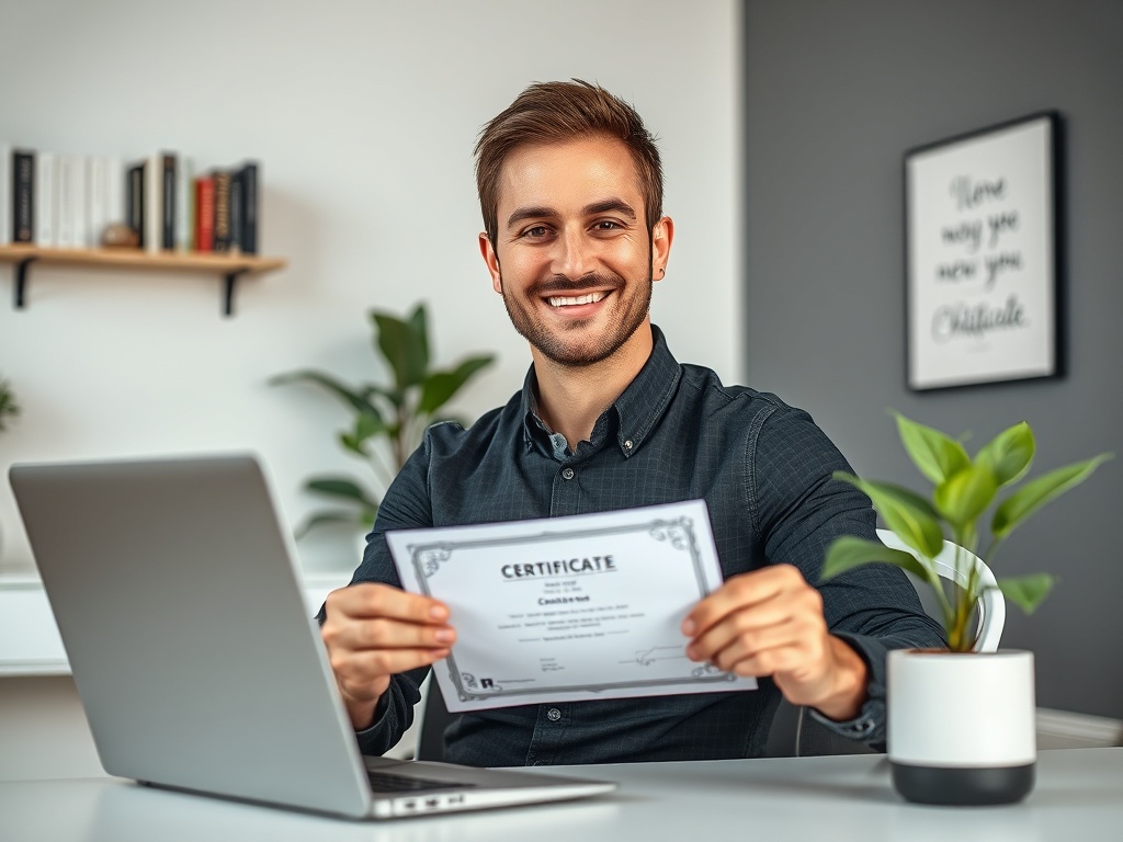 Молодой человек улыбается, держа сертификат, сидя за столом с ноутбуком и зелёным растением.