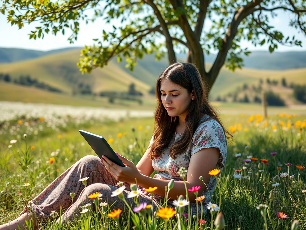 Девушка читает на планшете, сидя на траве среди цветов, под деревом на фоне зелёных холмов.