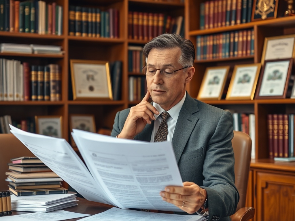 Мужчина в костюме читает документы в офисе, окружённом книгами и дипломами.