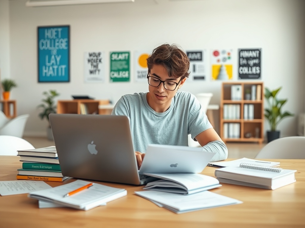 Студент работает за столом с ноутбуком, окружённый книгами и заметками в светлом учебном пространстве.