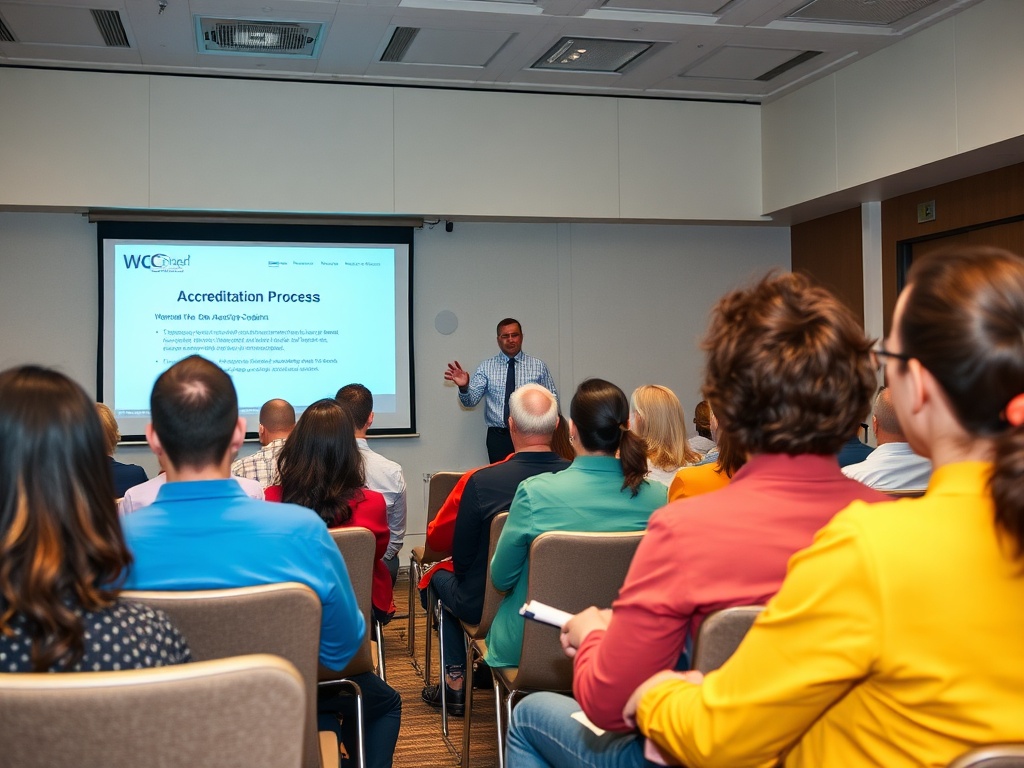 На мероприятии слушатели внимательно слушают докладчика на фоне слайдов о процессе аккредитации.