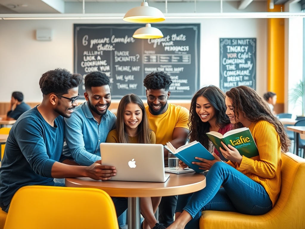 Группа молодых людей читает книги и работает на ноутбуке в кафе, обсуждая идеи и смеясь.