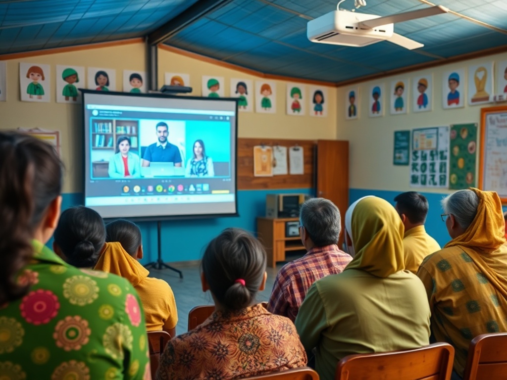 В классе люди смотрят на экран, где идет видеозвонок с тремя участниками. Стены украшены рисунками.
