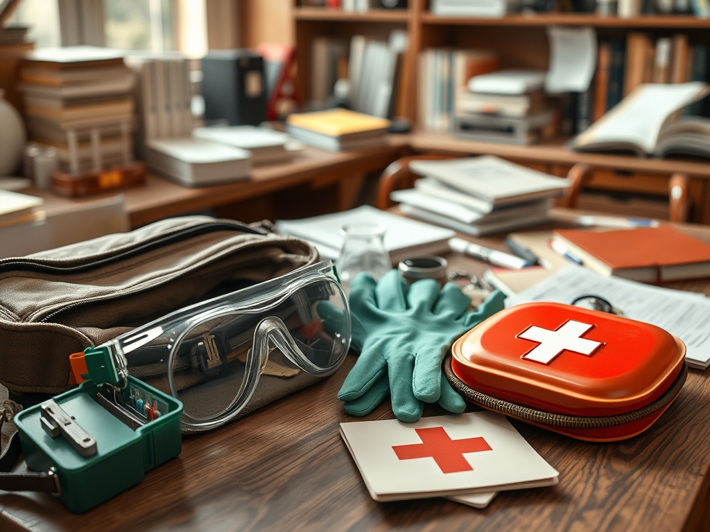 На столе разложены медицинские принадлежности: аптечка, перчатки, защитные очки и книги.