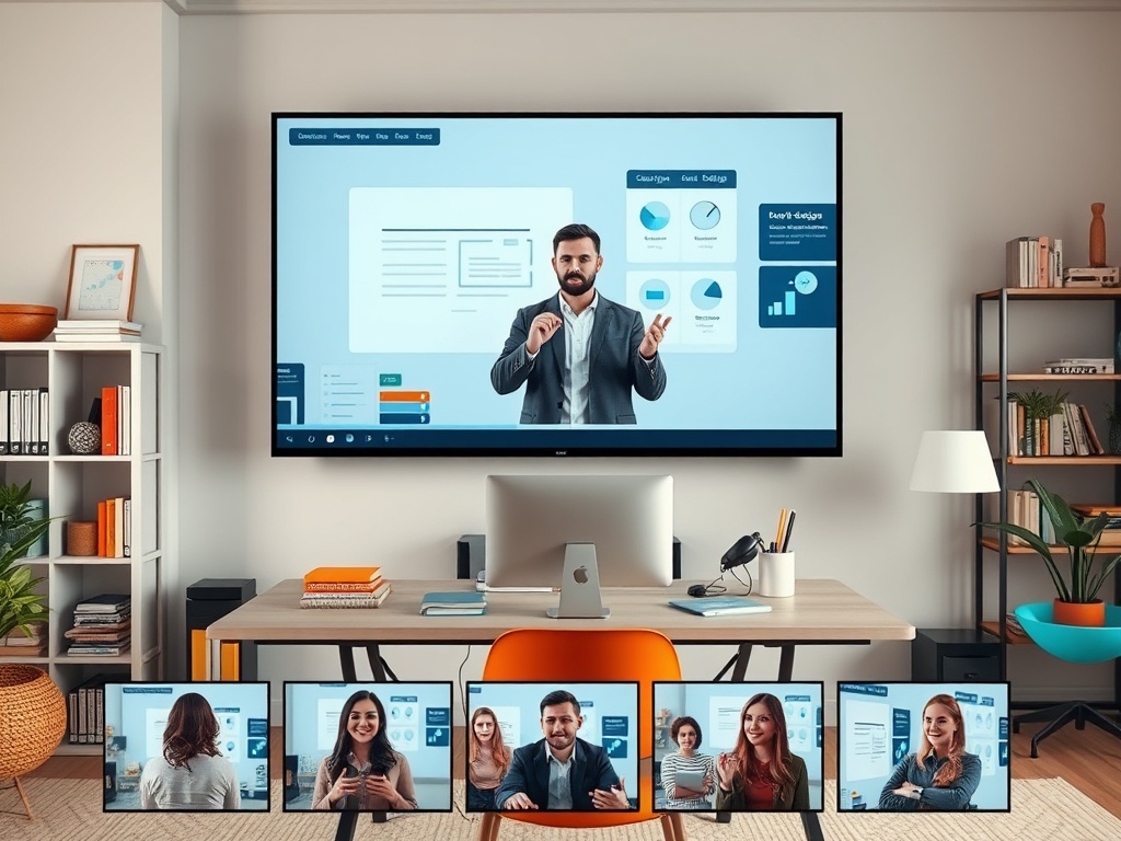 Современный офис с экраном, на котором идет онлайн-презентация, и участниками в видеозвонке.