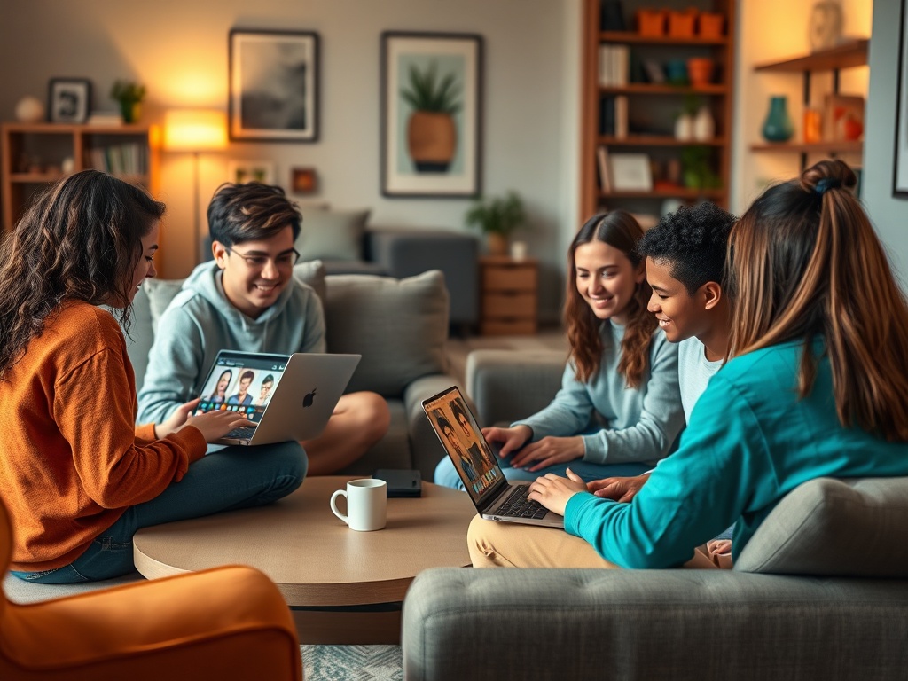 Группа молодых людей сидит на диване и работает за ноутбуками, обсуждая что-то веселое.