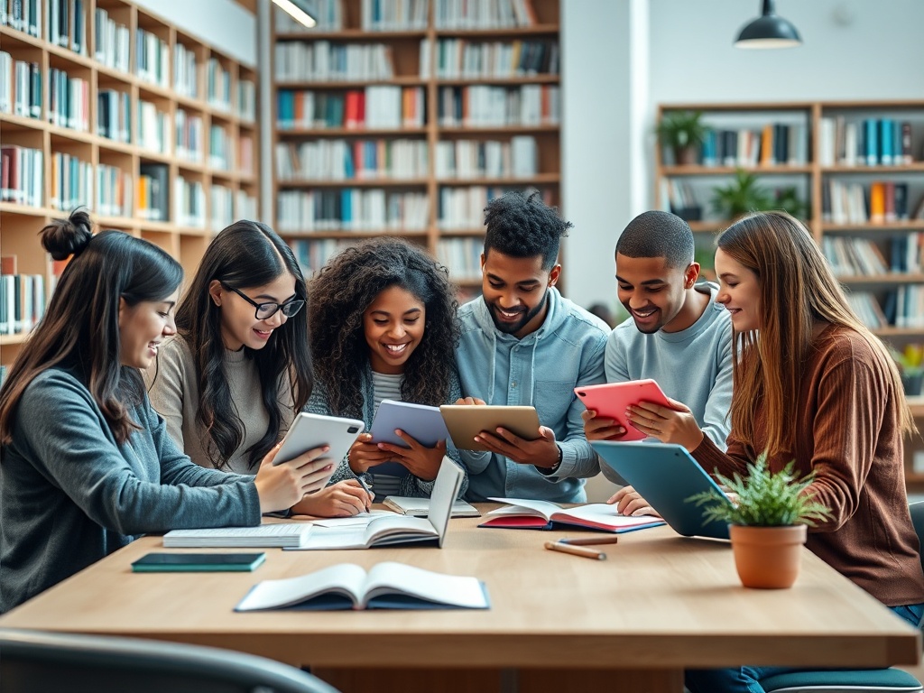 Группа молодых людей, занимающихся в библиотеке с планшетами и книгами на столе. Они смеются и общаются.