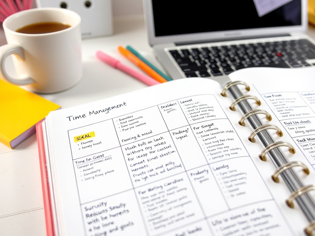Запись в планере по управлению временем на столе рядом с кружкой кофе и ноутбуком.
