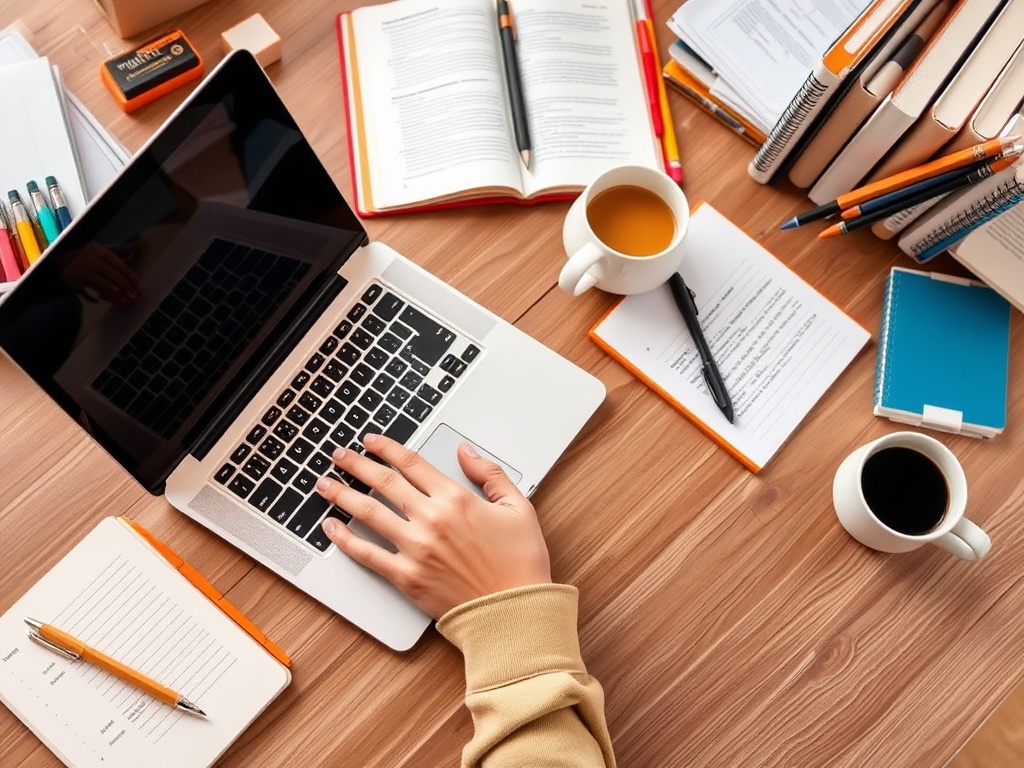 Рабочая зона с ноутбуком, книгами, блокнотами, ручками и двумя чашками кофе на деревянном столе.