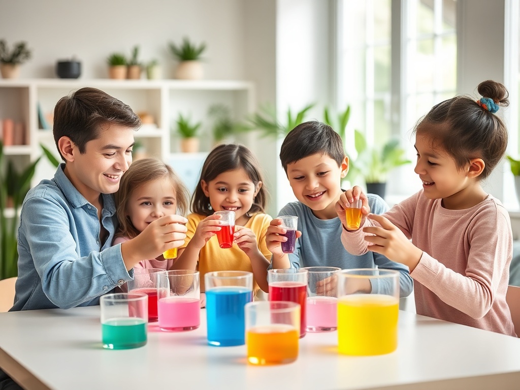 Группа детей экспериментирует с разноцветными напитками на столе, радуясь и смеясь.