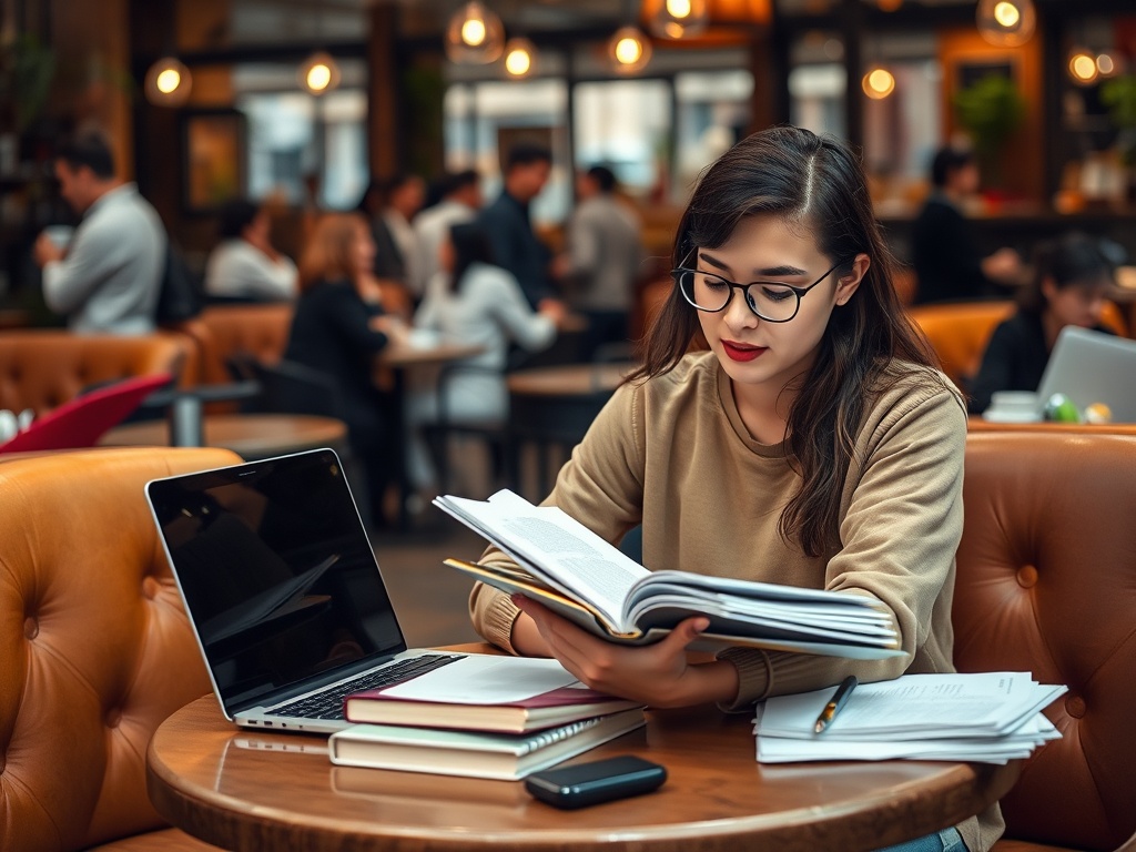 Молодая женщина читает книгу в кафе, рядом с ней ноутбук и учебные материалы. В воздухе царит атмосфера учебы.