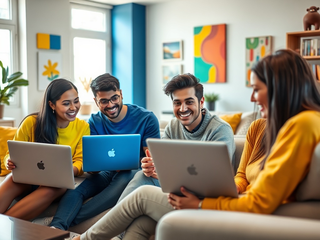 Четыре человека с ноутбуками улыбаются и общаются в уютной комнате с яркими картинами на стенах.