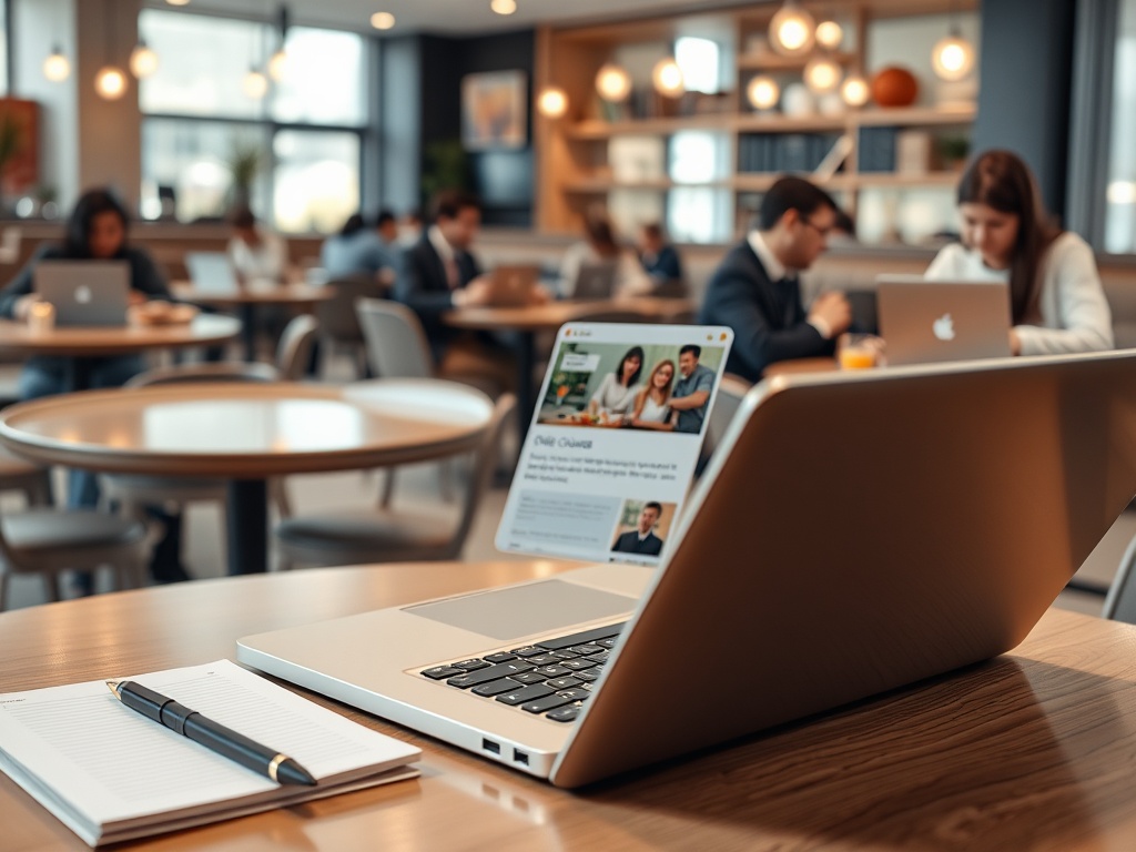 Современное кафе с рабочими стульями, ноутбуками и людьми, сосредоточенными на своих задачах.