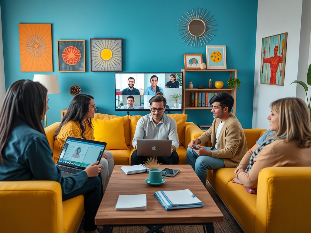 Группа людей на встрече в уютной комнате, обсуждают проект с участниками по видеосвязи на экране.