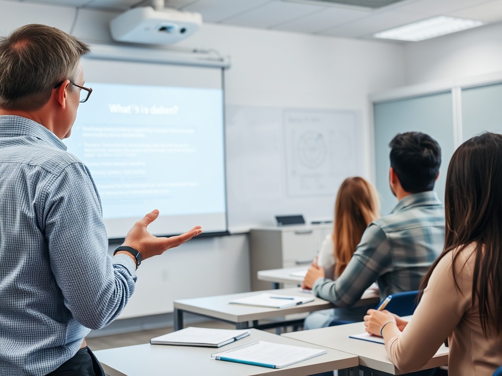 На занятии преподаватель объясняет тему, студенты внимательно слушают и делают записи.