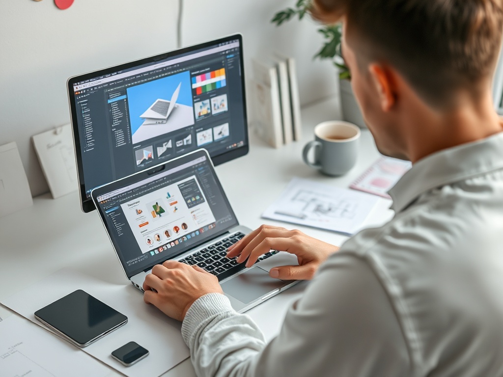 Человек работает на ноутбуке и мониторе, окружённый бумагами и чашкой кофе.