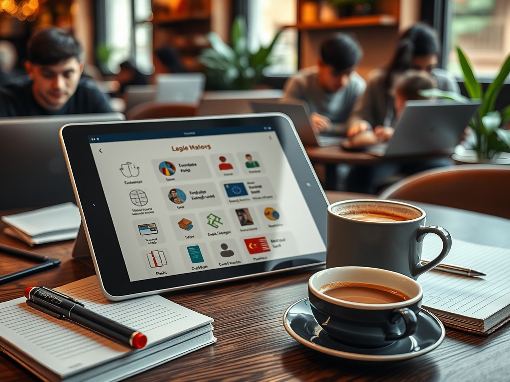 В кафе на столе стоят две чашки кофе и планшет с приложением, люди работают за ноутбуками.