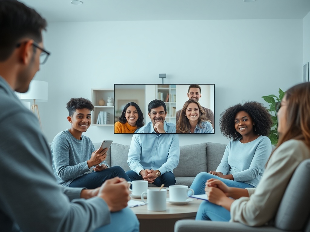 Группа людей общается на диване, при этом на экране отображаются лица их друзей.