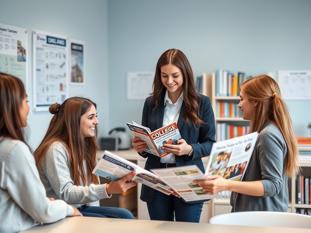 Четыре девушки общаются в учебной обстановке, рассматривая информационные брошюры и журнал о колледже.