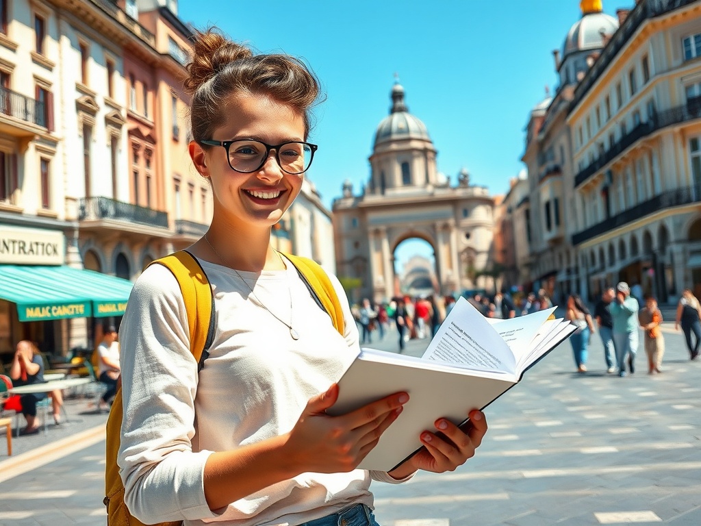 На улице улыбается девушка с книгой в руках, на фоне архитектуры и прохожих. Яркое солнечное освещение.