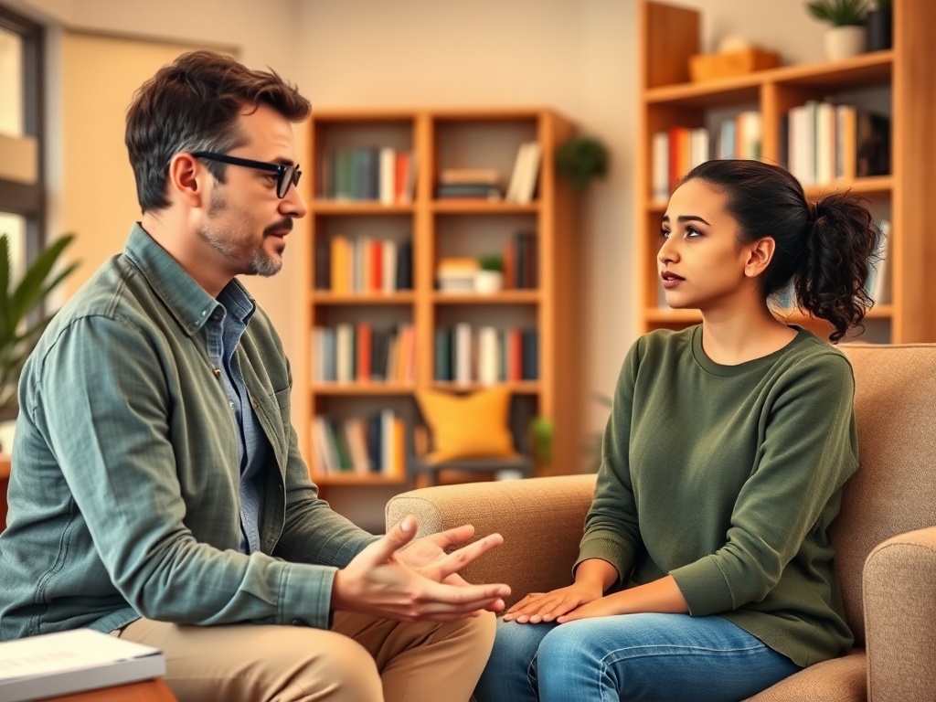 Два человека сидят на диване и обсуждают что-то важное в уютной обстановке. На заднем плане книжные полки.