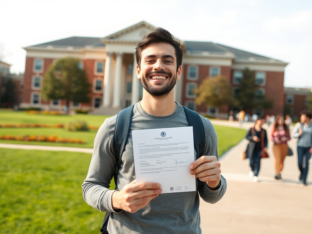 Улыбающийся молодой человек с документом стоит на кампусе университета. Позади видны студенты и здания.