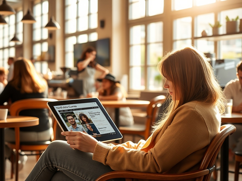 На изображении девушка читает новости на планшете в кафе с ярким естественным освещением.