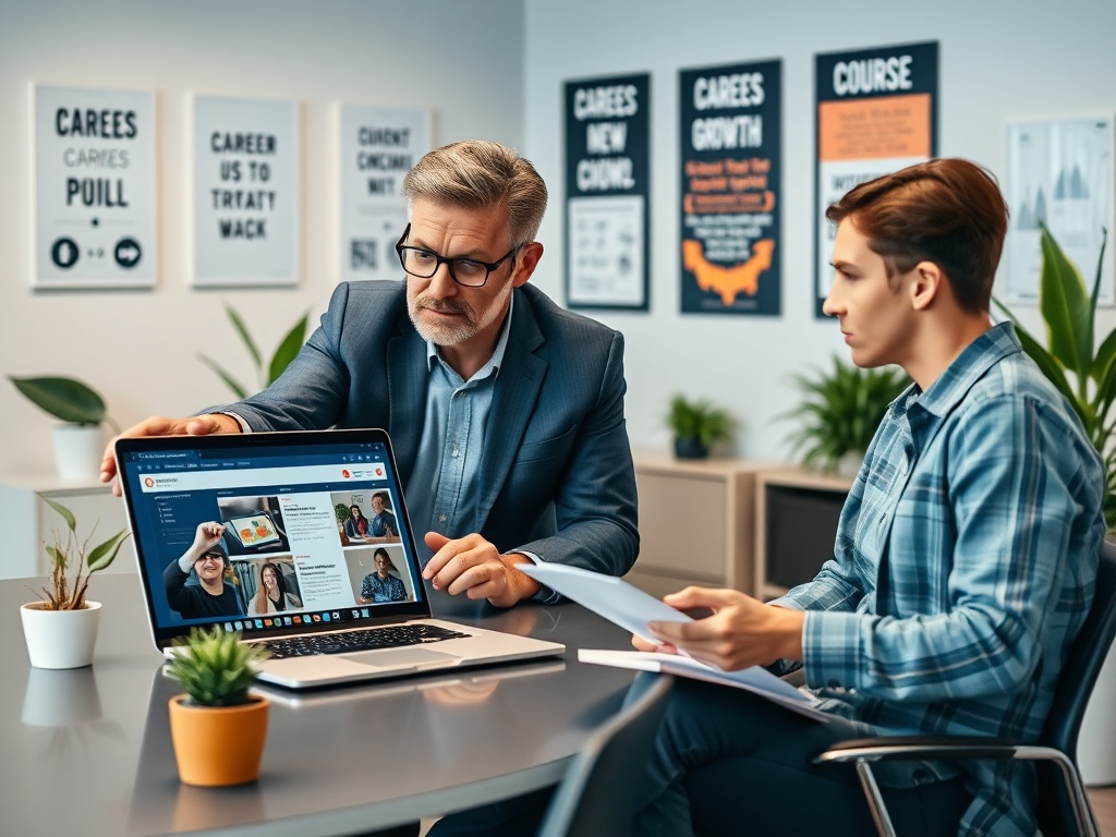 Два человека в офисе обсуждают информацию на ноутбуке, окруженные растениями и плакатами.