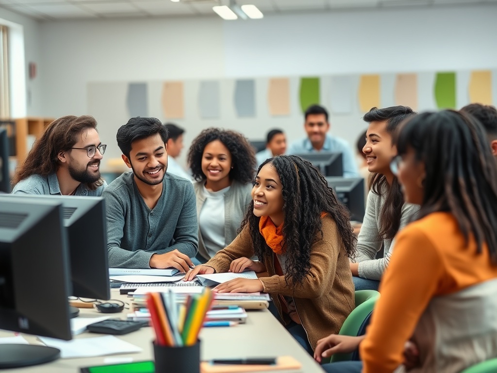 Группа студентов обсуждает проект за столом в классе, окруженные компьютерами и учебными материалами.
