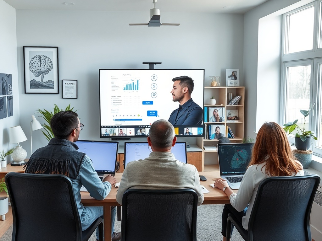 В офисе группа людей на видеозвонке обсуждает проект, на экране графики и данные.