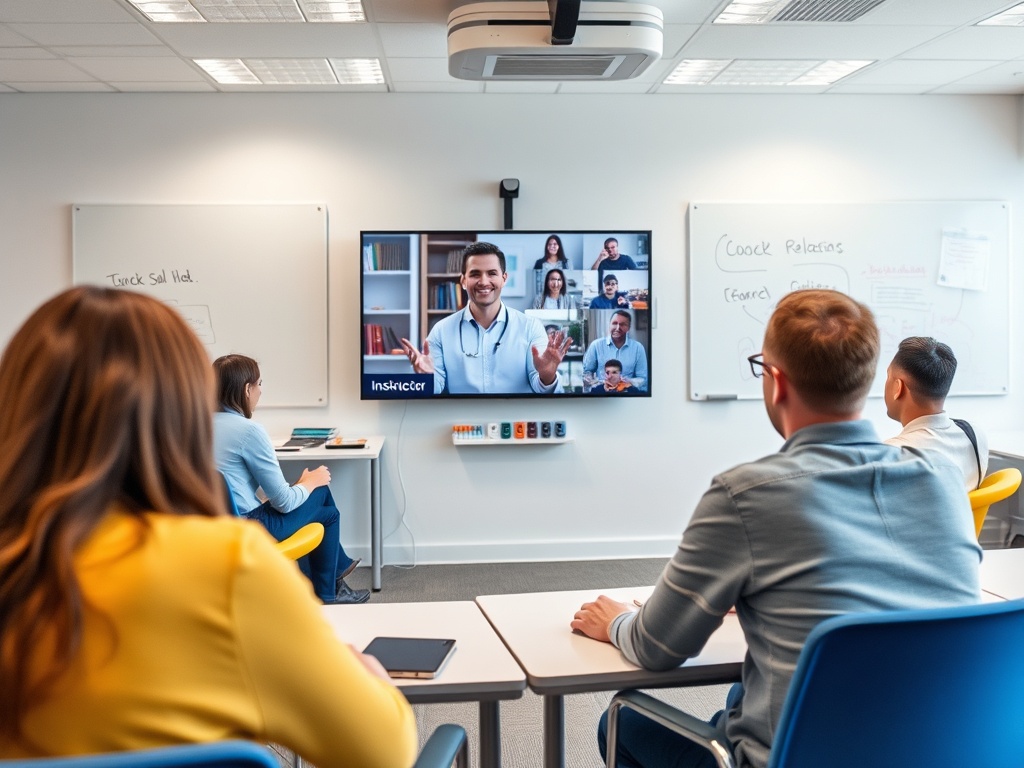 На экране — онлайн-урок с изображением инструктора и студентов, сидящих в аудитории.