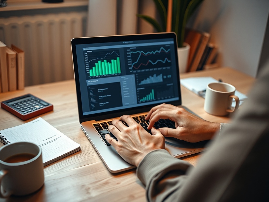 На столе ноутбук с графиками, рядом калькулятор и чашка кофе. Человек работает с данными.