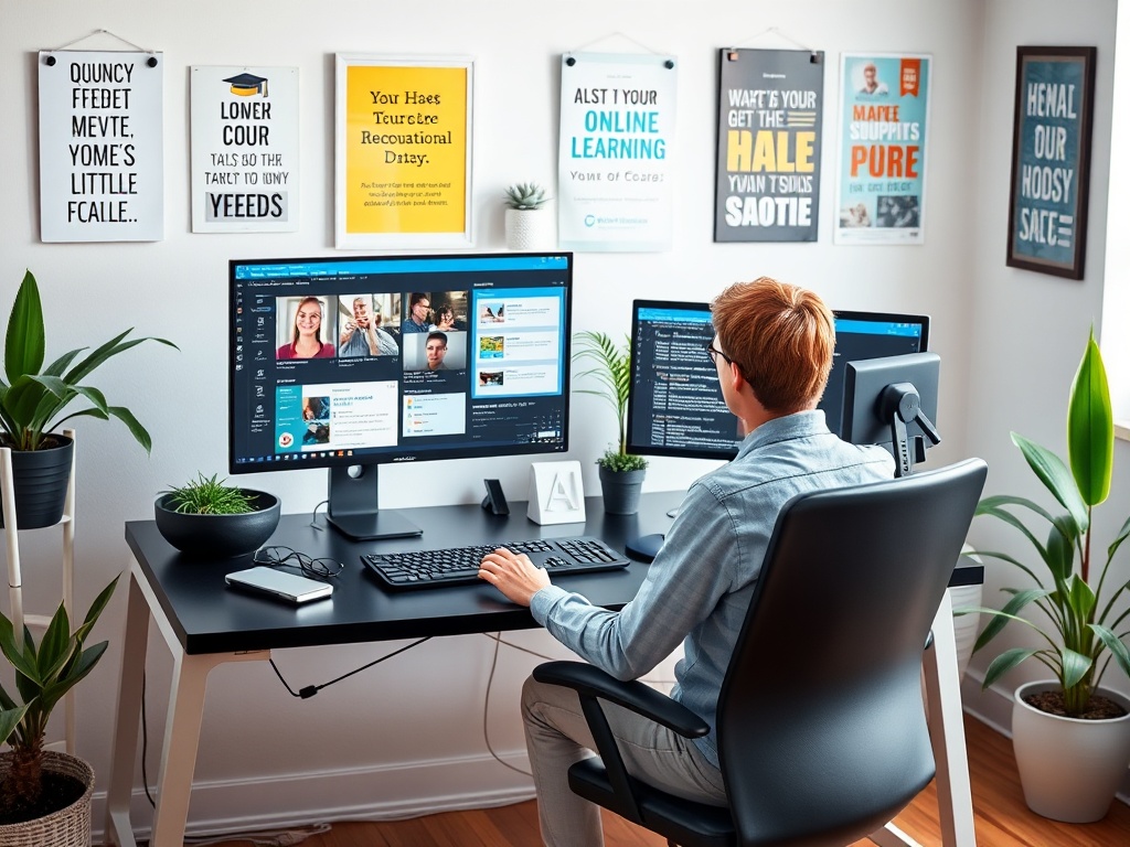 Человек сидит за столом с двумя мониторами, окружённый зелеными растениями и декоративными плакатами.