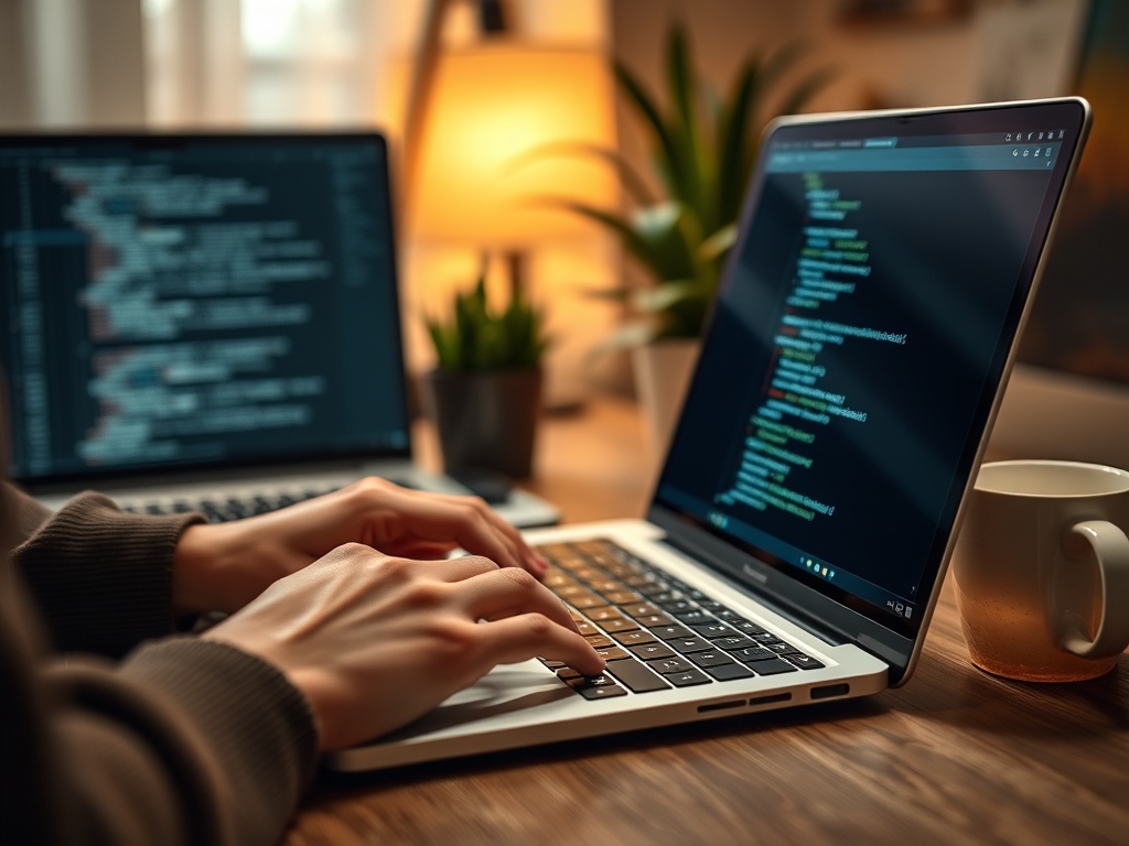 На столе находятся ноутбук и чашка, пользователь работает над кодом на первом устройстве.