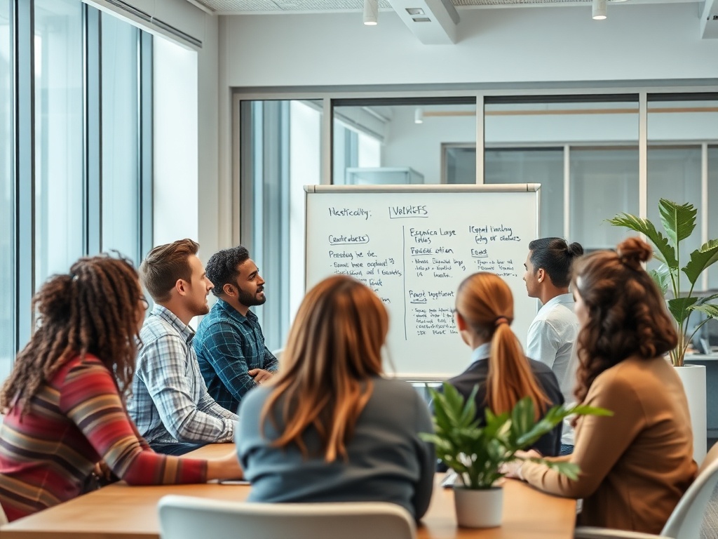 Групповая встреча в офисе, обсуждение идей, заметки на флипчарте, участники внимательно слушают.