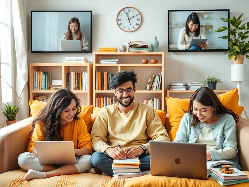 Трое молодых людей, работающих за ноутбуками, с экранами, отображающими девушек на видео. Уютная комната.