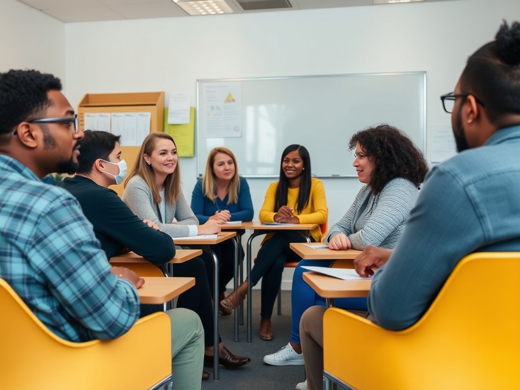 Группа людей сидит за столом в классе, обсуждая и общаясь друг с другом. Атмосфера дружелюбная.
