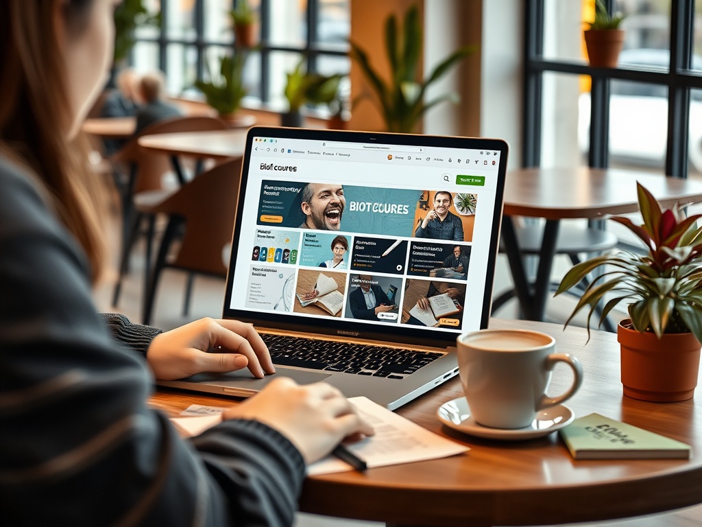 Женщина сидит за столом с ноутбуком, на экране которого сайт онлайн-курсов. Рядом чашка кофе.