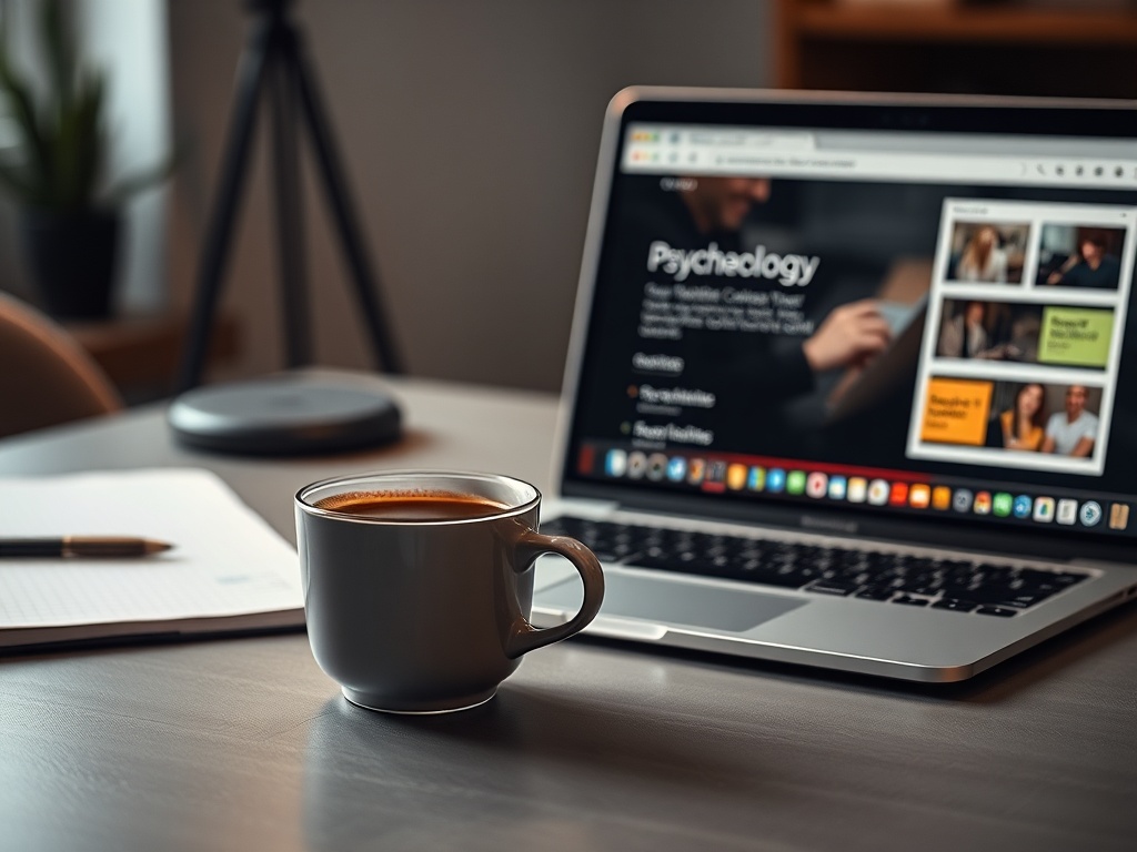 На столе стоит чашка кофе рядом с открытым ноутбуком и блокнотом с ручкой.