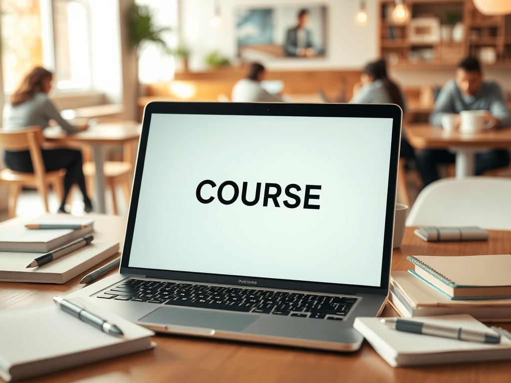 На экране ноутбука написано "Курс". На столе расположены блокноты и ручки.