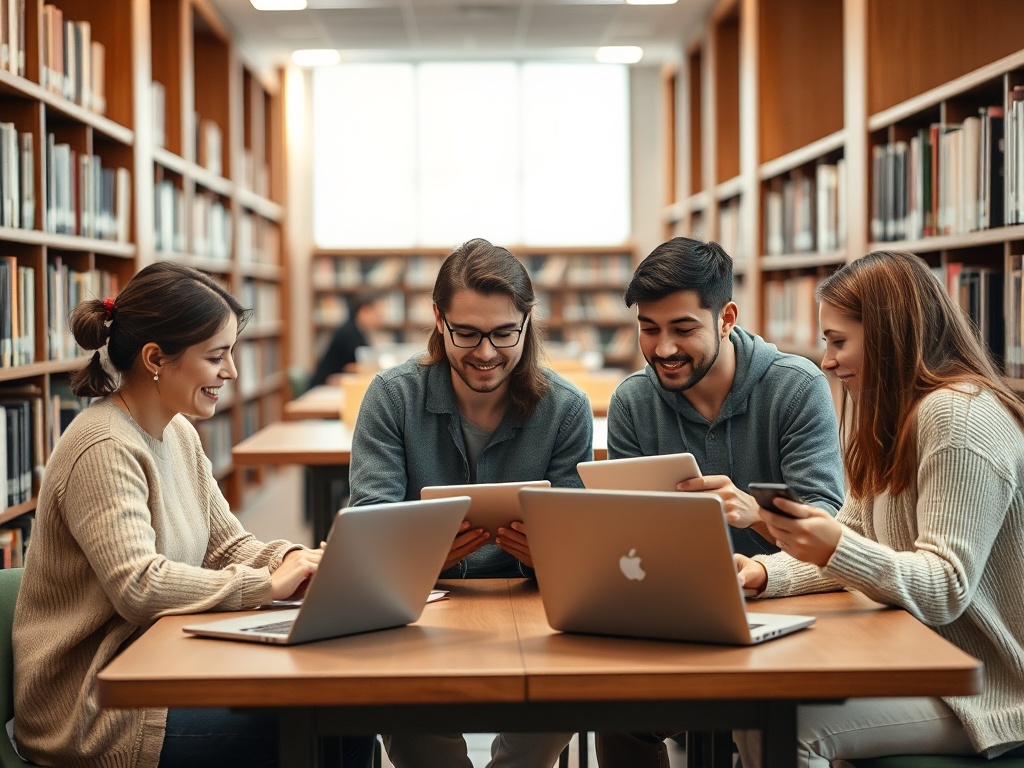 Группа студентов обсуждает за работой в библиотеке, используя ноутбуки и планшеты.