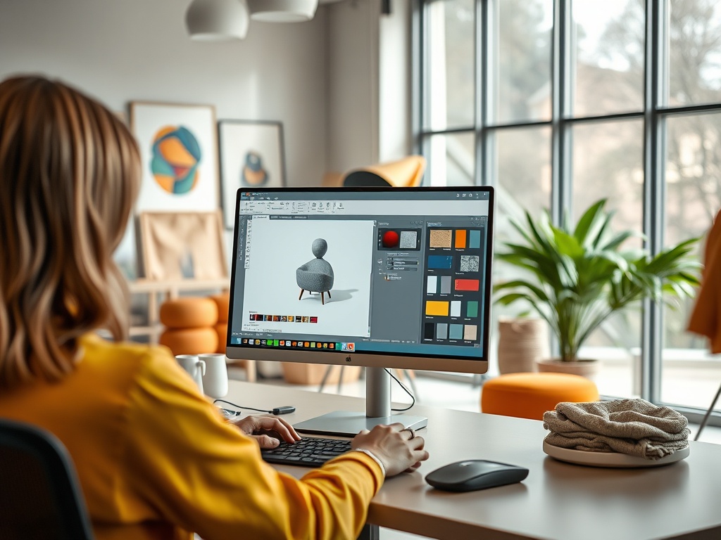 Женщина работает за компьютером в современном интерьере, проектируя кресло в графическом редакторе.