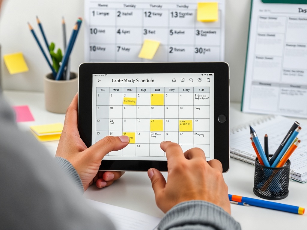 Человек изучает расписание занятий на планшете, окруженный канцелярскими принадлежностями.