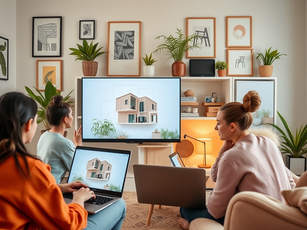 Трое женщин обсуждают проект дома, смотря на экран телевизора в уютной гостиной с растениями.