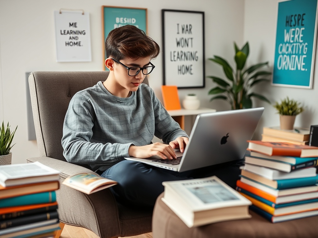 Молодой человек учится дома, сидя в кресле и работая за ноутбуком среди книжных стопок.