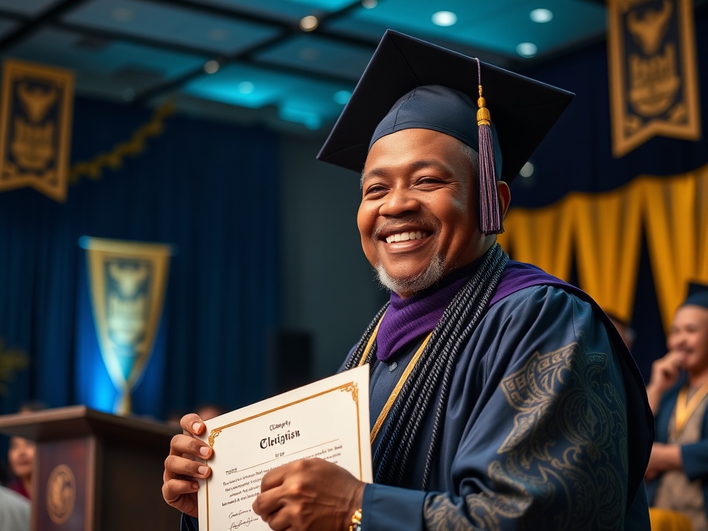 Счастливый выпускник держит диплом, позируя на церемонии вручения наград с улыбкой.